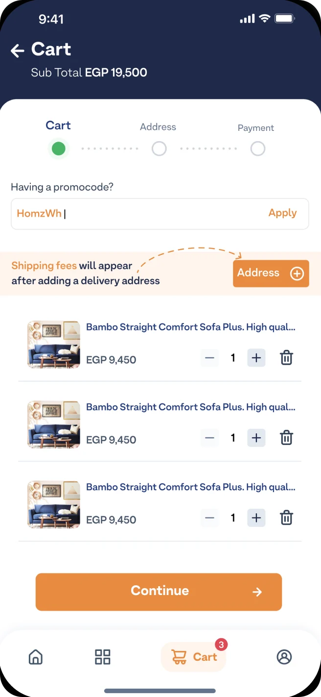 New cart with a promo code field and a three-step progress bar