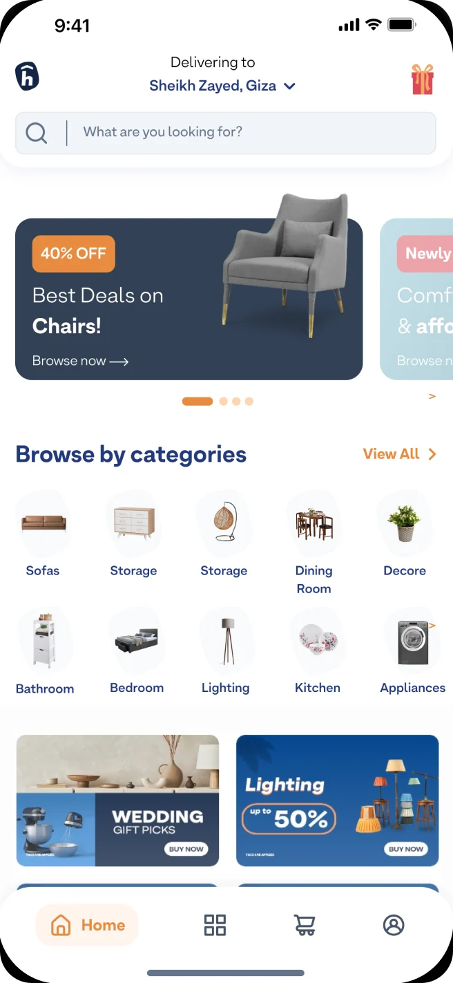 Home screen with the delivery location at the top