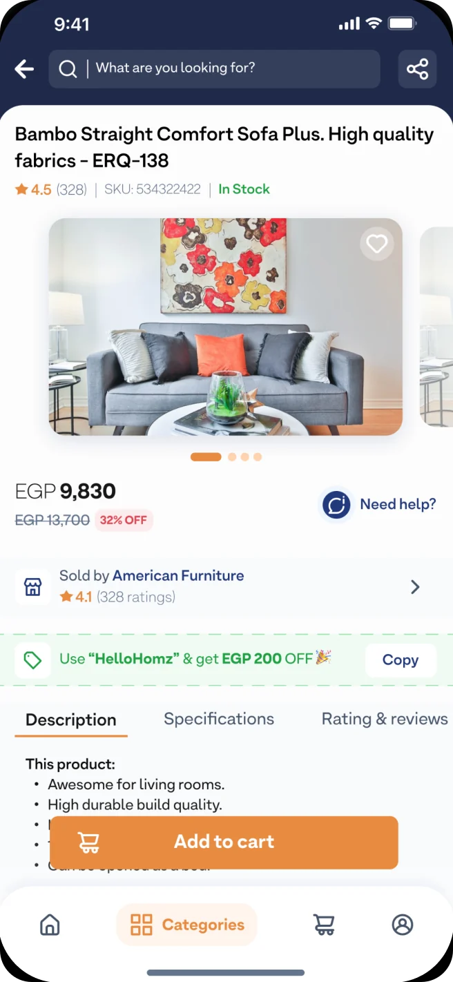 Product page with stock status, seller and promo code