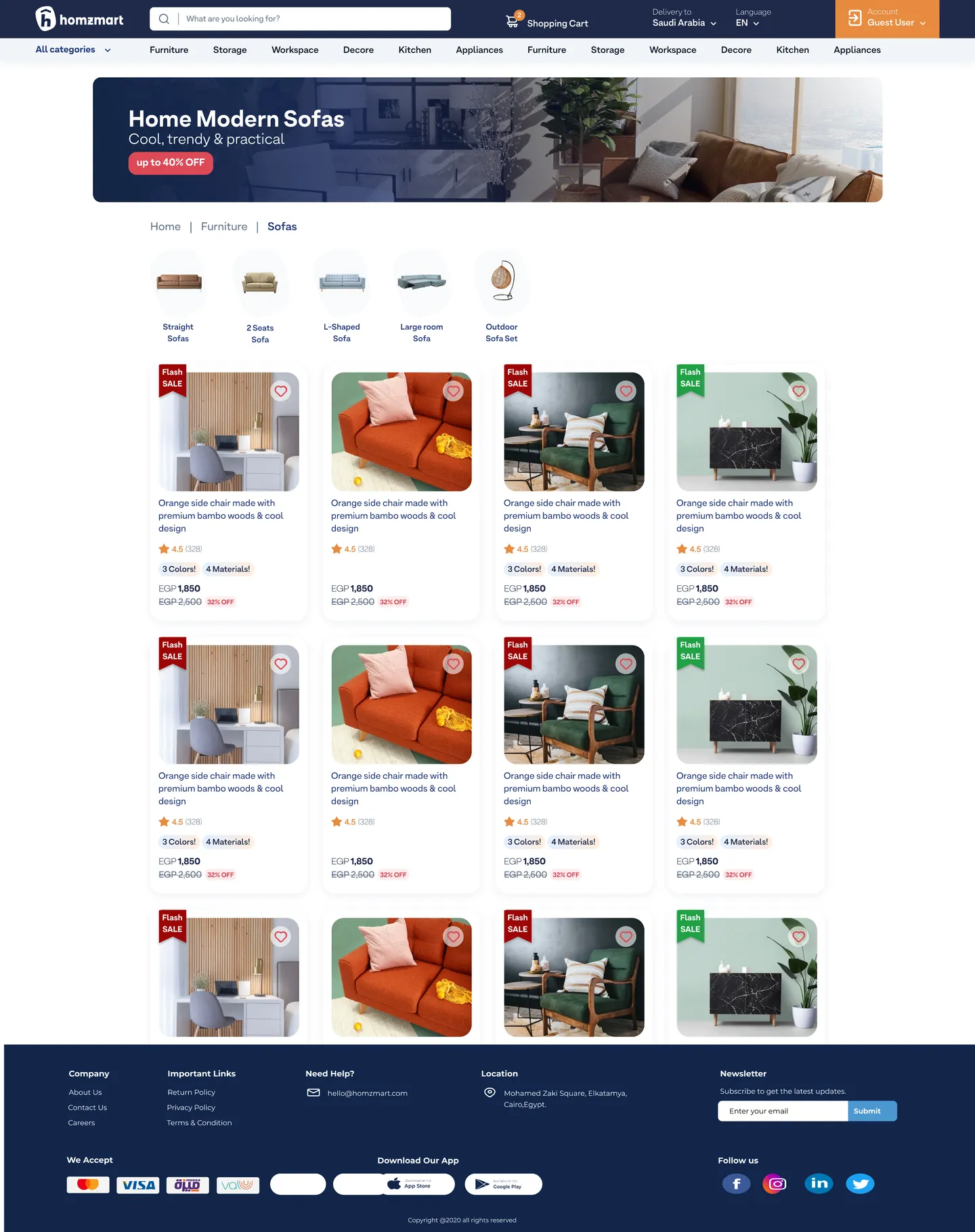 Sofas category page with sub-categories and product cards