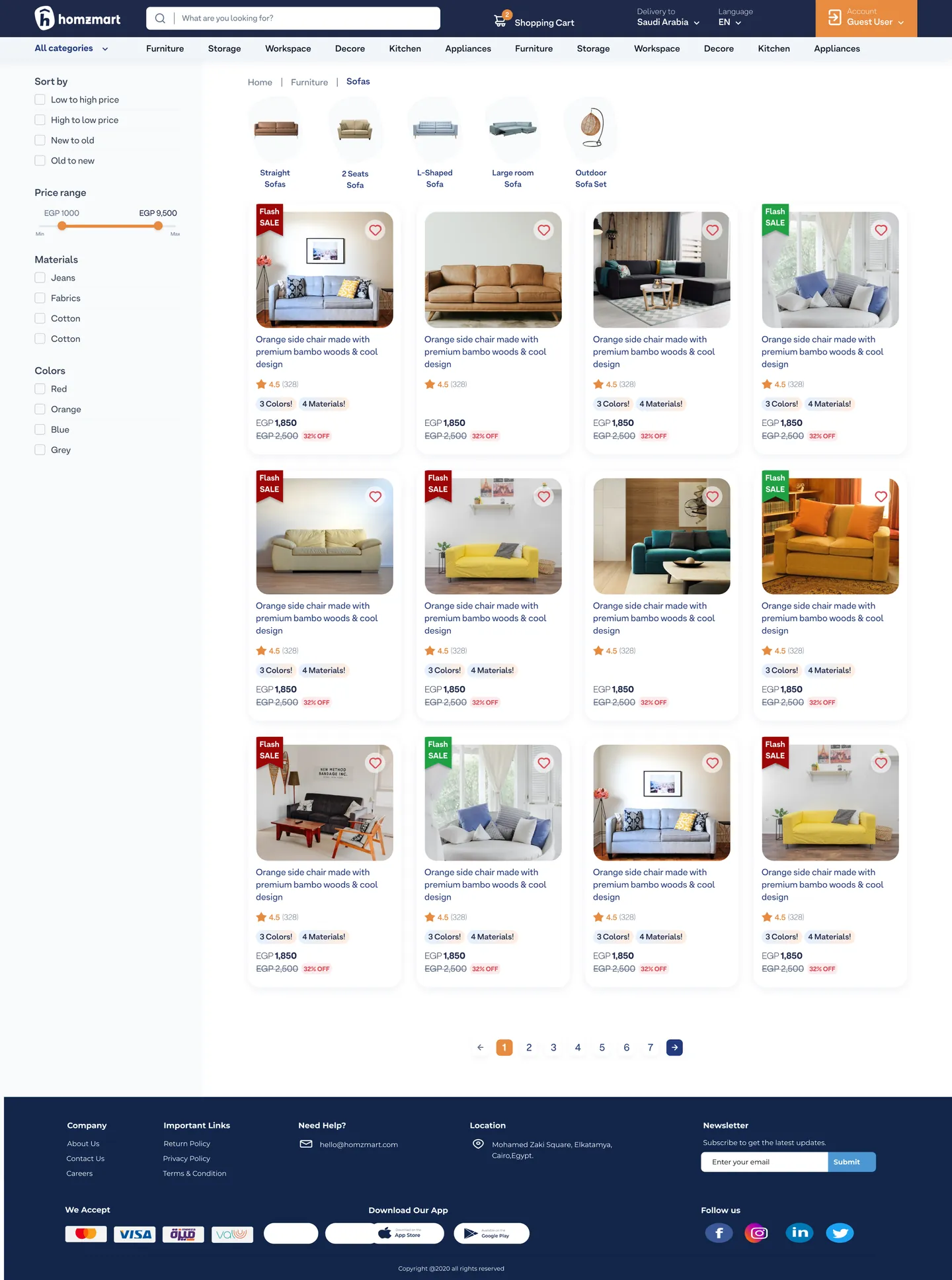 Category page with sorting, price range, material and colour filters
