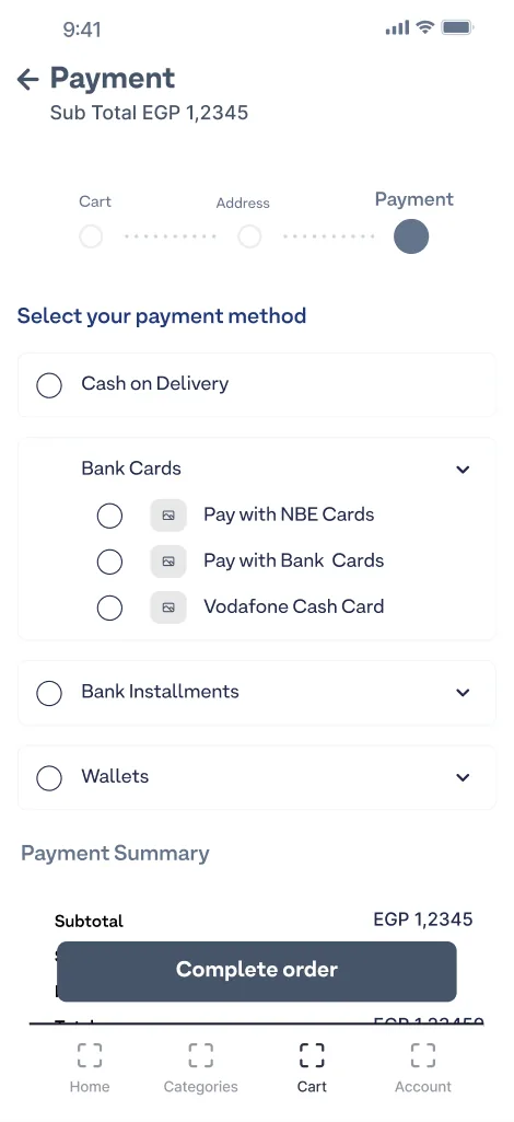 Payment wireframe with bank card options expanded
