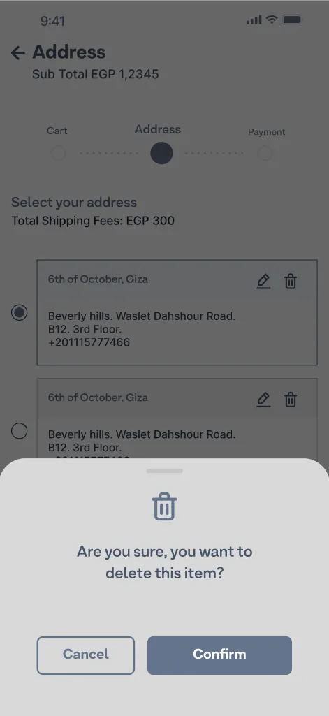 Wireframe confirming an address deletion