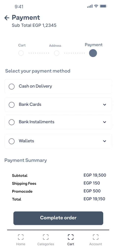Payment wireframe with methods and summary