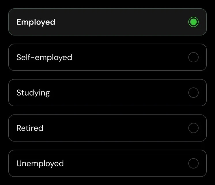 Job status radio list with Employed selected