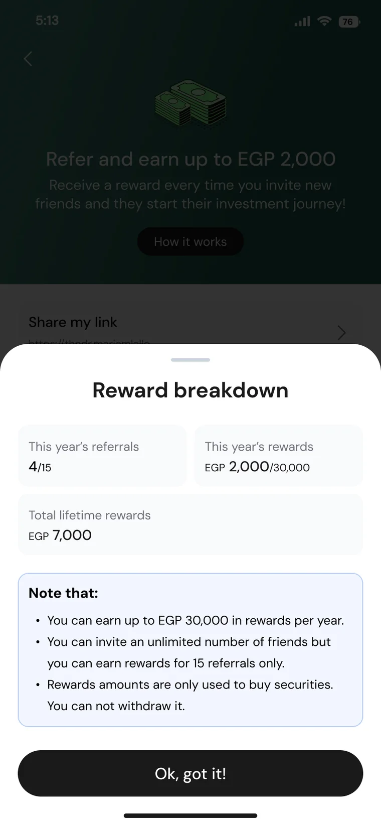 Reward breakdown with caps and disclaimers