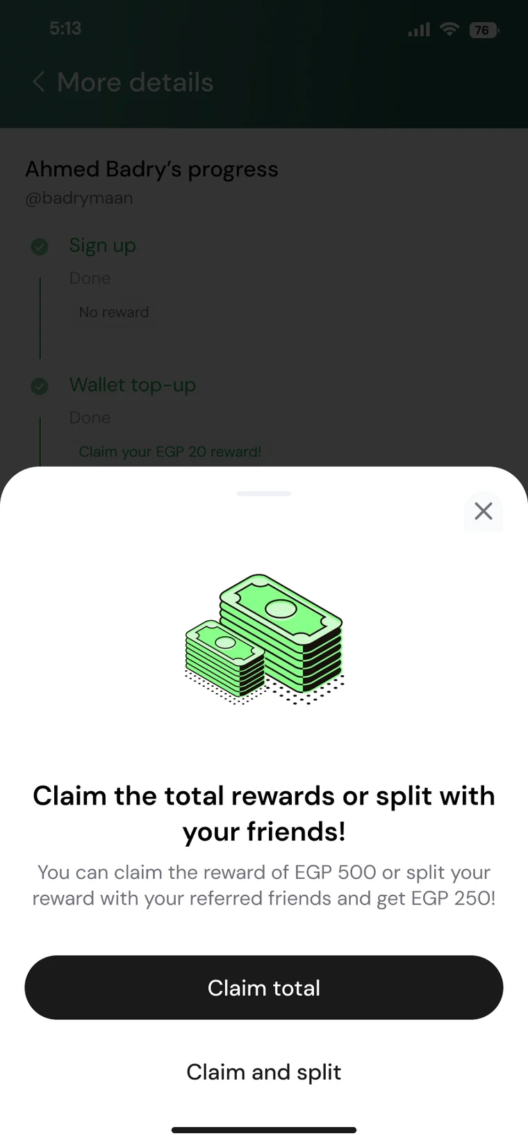 Claim reward confirmation with a split option