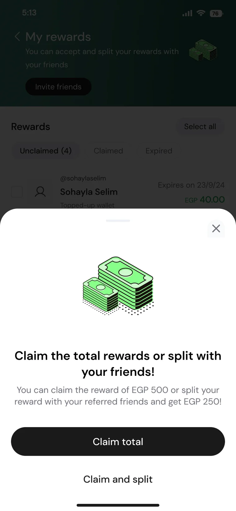 Bottom sheet to claim the total or split it