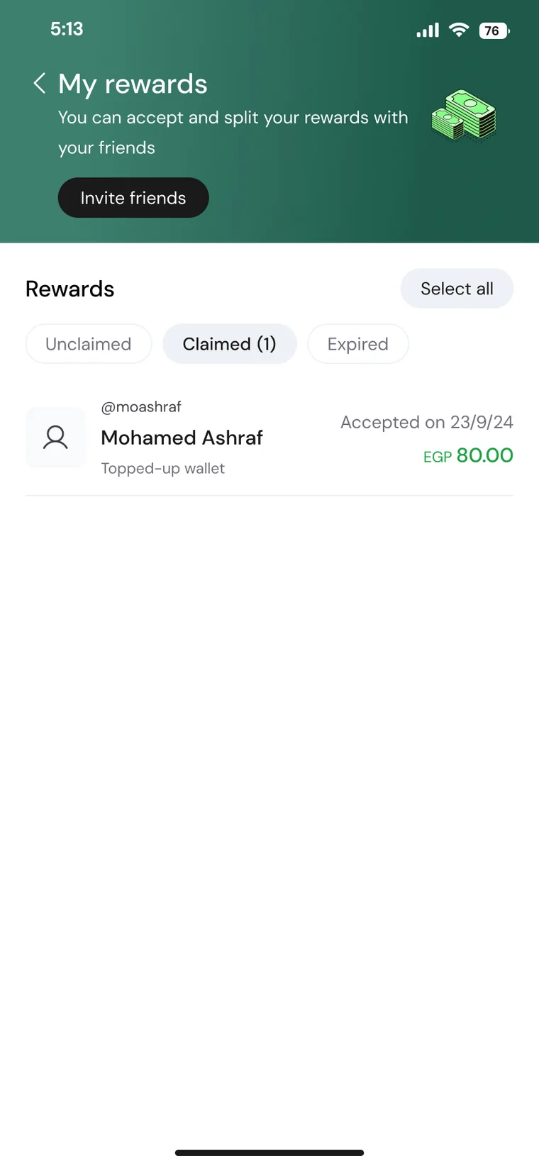 Claimed rewards tab