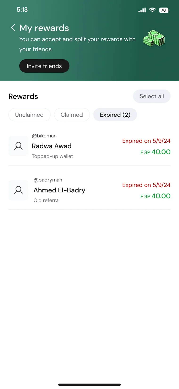 Expired rewards tab