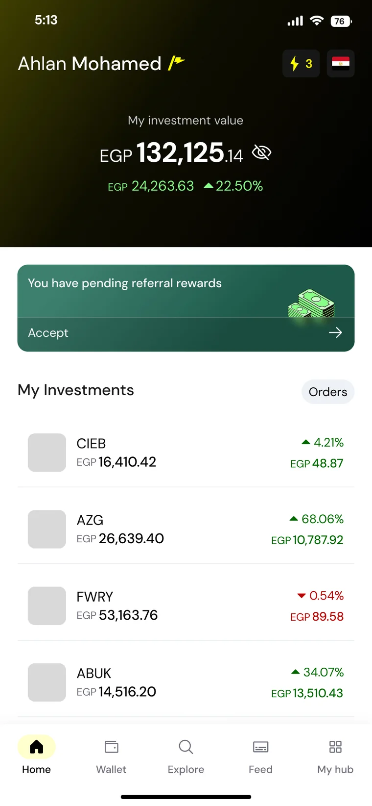 Home screen card for pending referral rewards