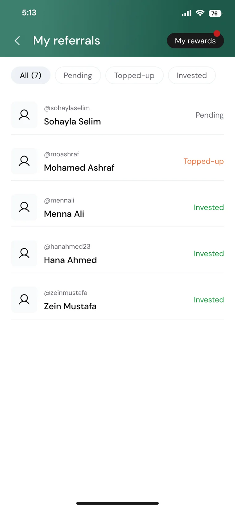 List of referrals with Pending, Topped-up and Invested statuses