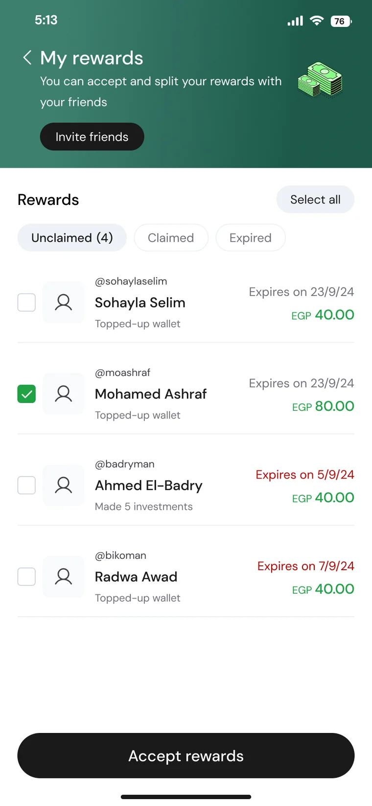 Rewards list with one reward selected