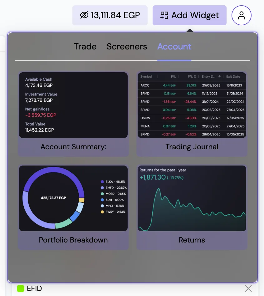 The MVP add-widget menu: small previews on a translucent grey panel