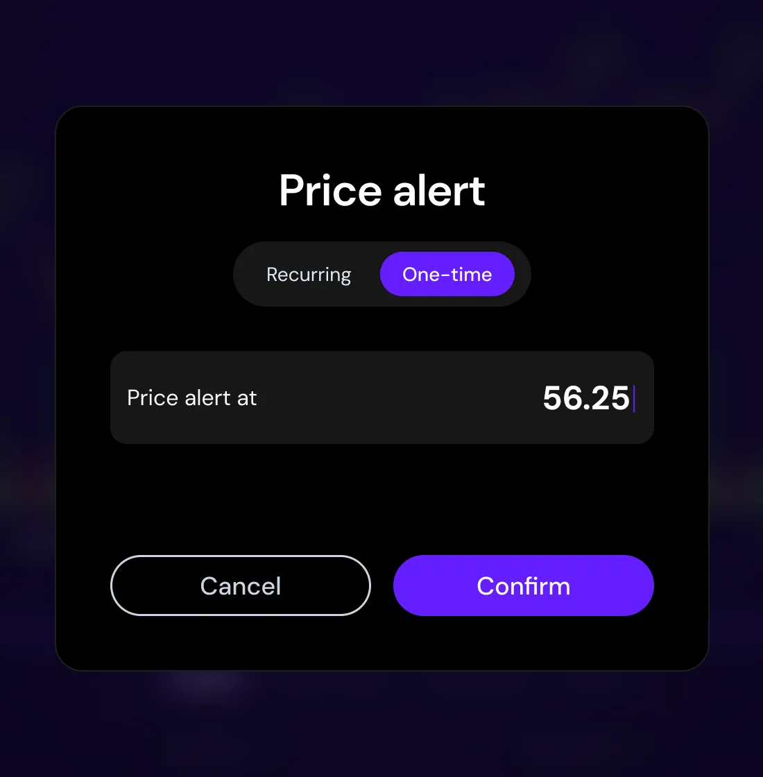 Price alert dialog, set to one-time at 56.25