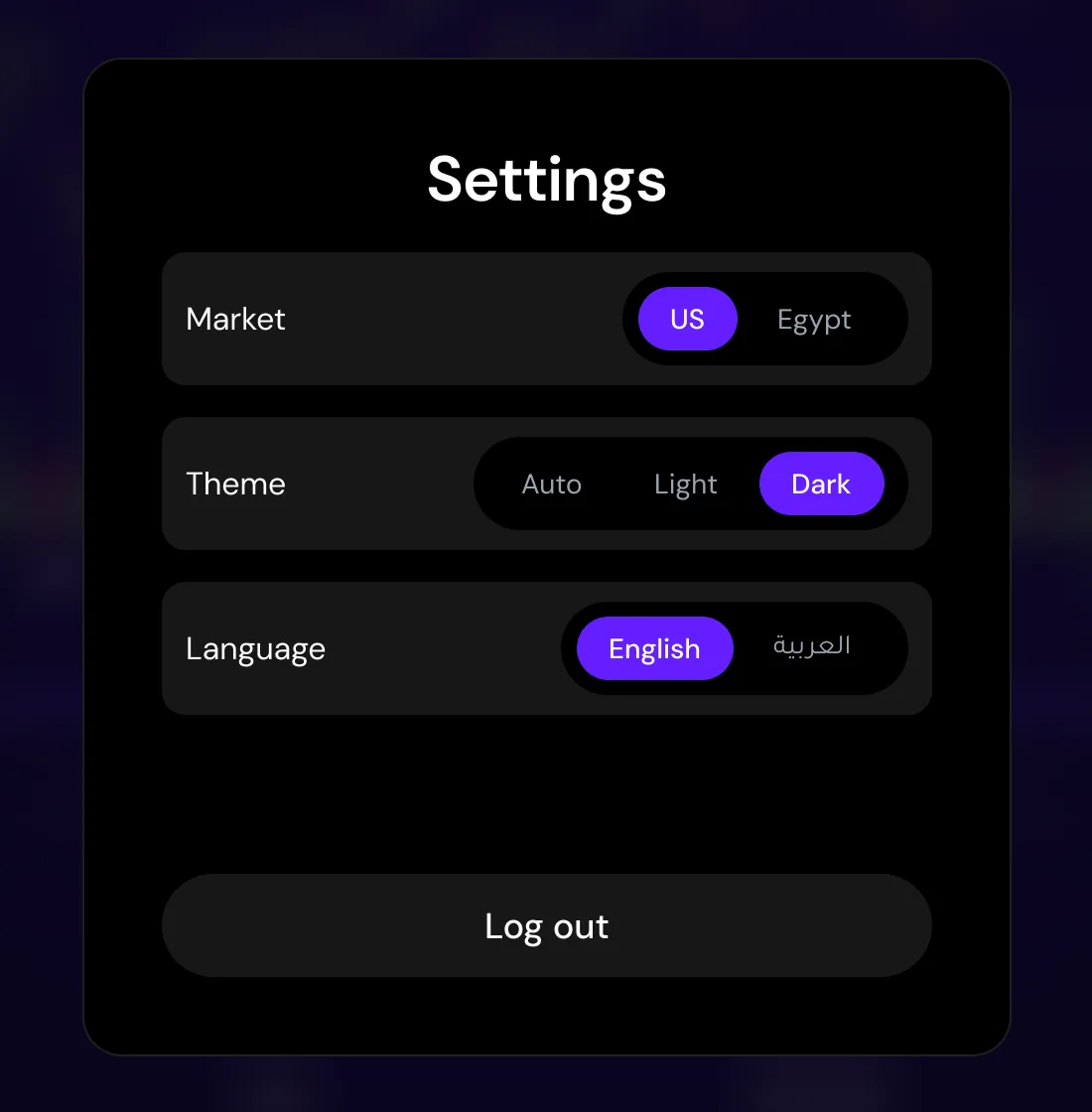 Settings dialog with market, theme and language switches